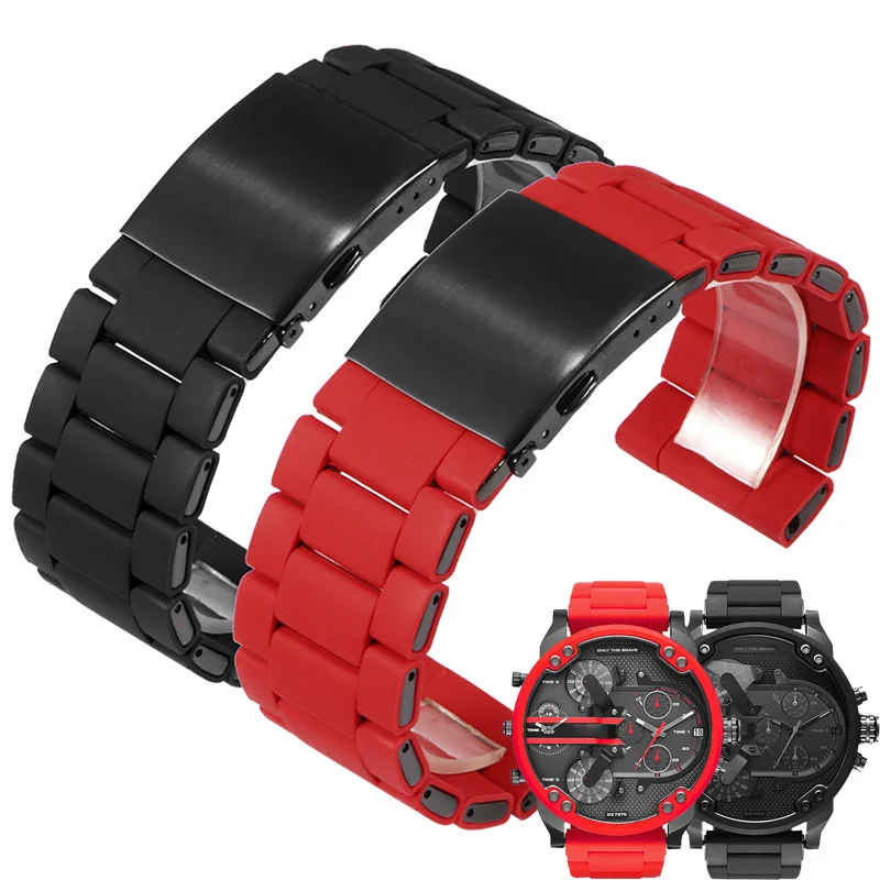 

Substitute DZ7370DZ7396 Red Devil Black Samurai Series Flat Straight Mouth Silicone Bag Stainless Watch Strap With 24/26/28mm