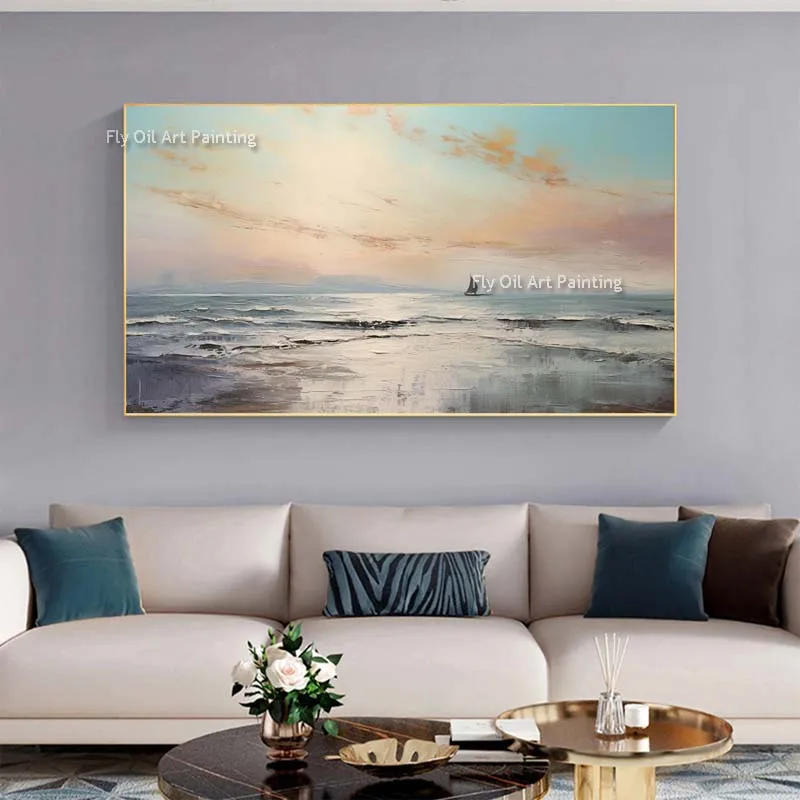 Beautiful Seascape Sailboats Sailing In The Distance Canvas Artwork Hand Painted Gray White Calm Sea Oil Painting For Wall Decor