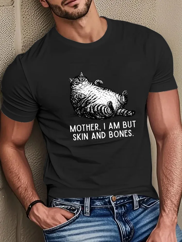 Mens Cotton Tee Funny Fat Cat Skin And Bones Slogan Print Gift For Cat Lovers Pet Owners Casual Male Short Sleeve Daily Outfit