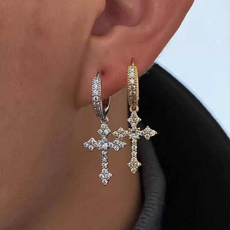 

Diamond studded cross earrings for boys, hip hop simple and versatile, street trendy men's earrings, pendants