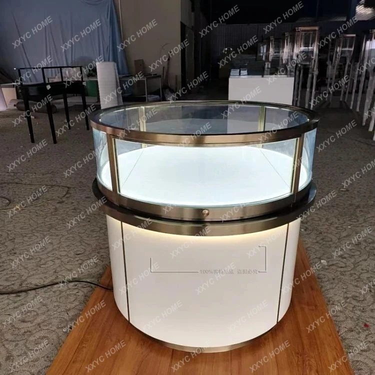 AAMetal Display Cabinet Round Exhibition Hall Luminous Middle Island Cabinet Jewelry Display Boutique Glass Display Cabinet