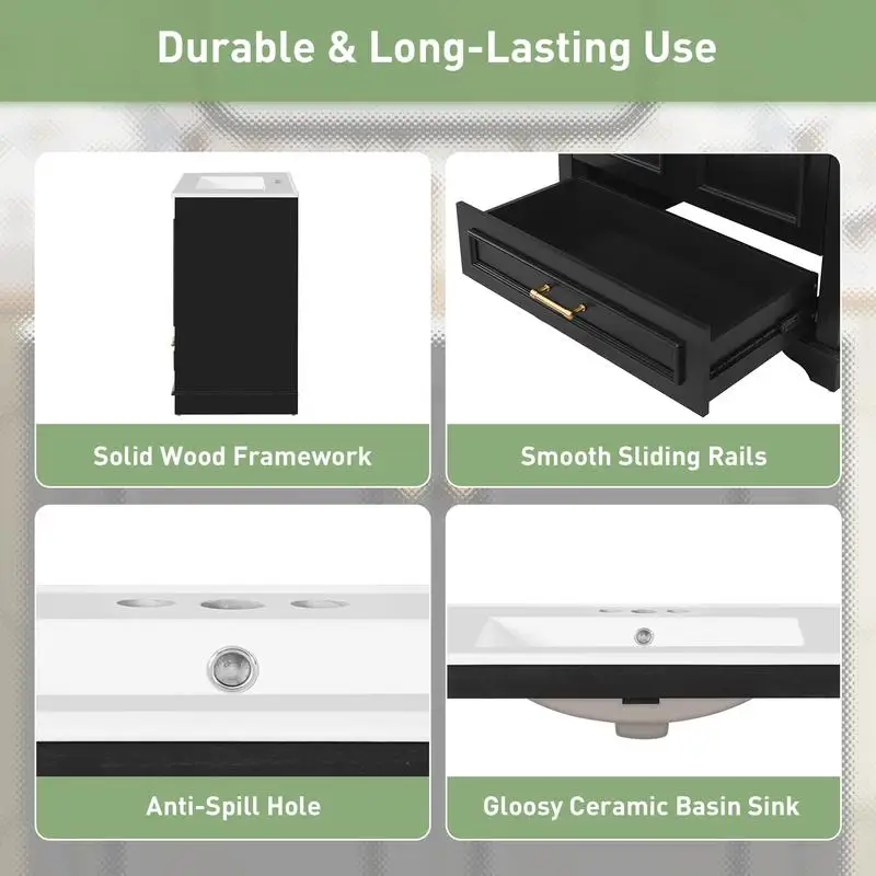 Lujosa tocador de baño de 30" con lavabo de cerámica, mueble de baño con 2 puertas de cierre suave, unidad de almacenamiento con estructura de madera maciza