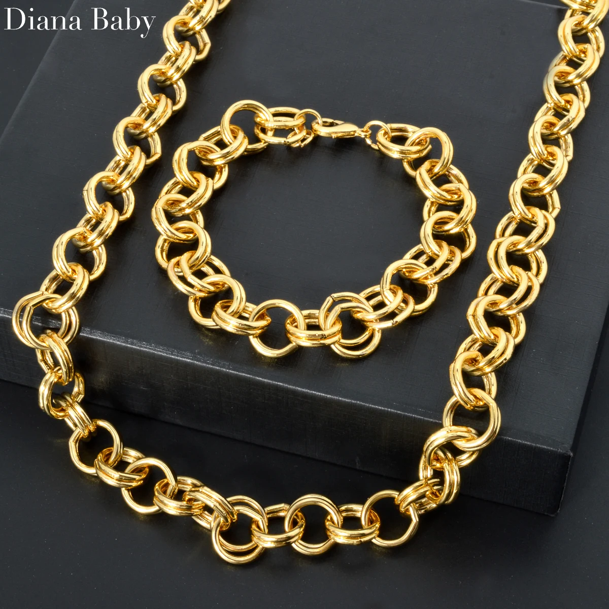 

Hip Hop Jewelry Sets Double Curb Cuban Round O Link Chain 18K Gold Plated Men Bracelet Choker Necklace Fashion Statement Gift