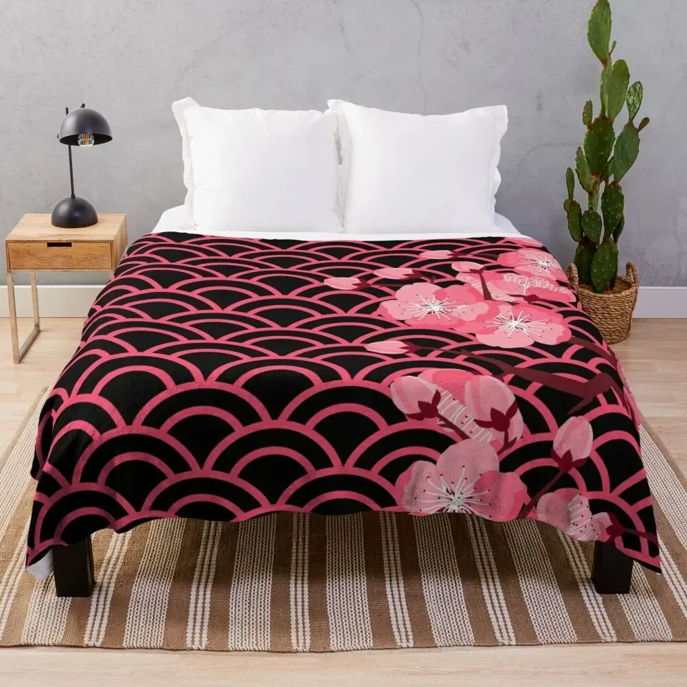 Bright Pink Japanese Sakura Flowers On Pink Wave Pattern Throw Blanket cosplay anime Soft Big Blankets