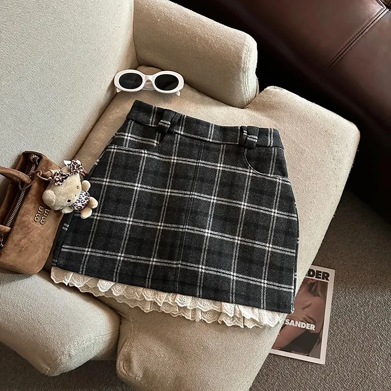 Minifaldas a cuadros de retales de encaje para mujer, faldas de lana sintética sin cinturón de cintura alta para otoño e invierno, moda Preppy Y2K, falda acampanada que combina con todo