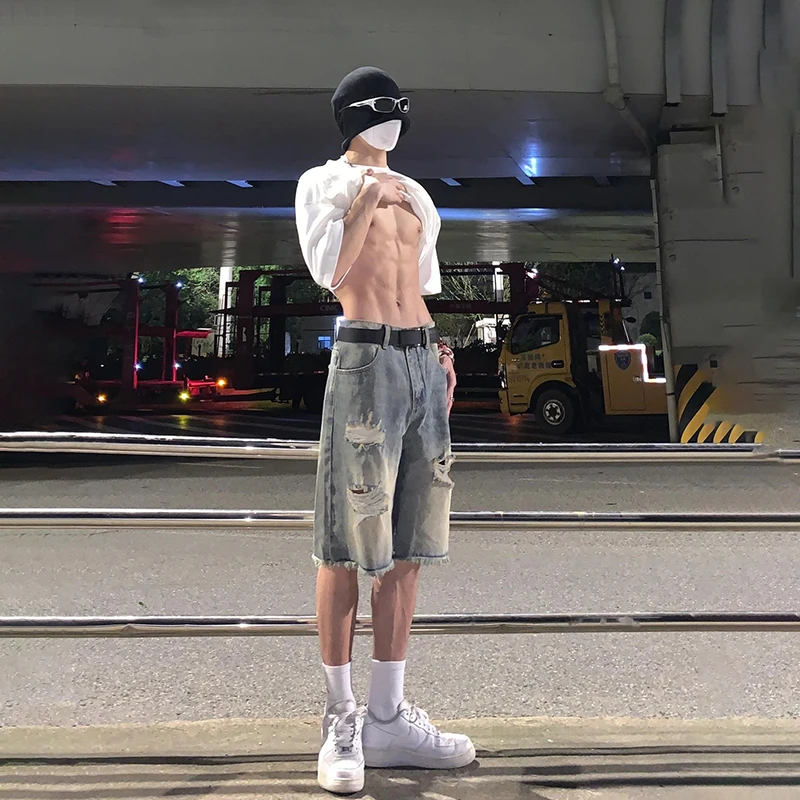 

High Street Vibe American Sle Men's Ripped Denim orts Summer Loose Five-Quarter Pants Youth Trendy Casual Straight Leg Jeans