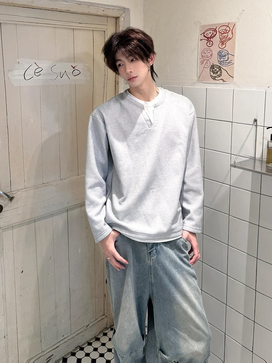 Camiseta de Manga Larga para Hombre, Forrada de Felpa Gris, Camiseta Interior, Camiseta Base, Otoño Invierno, Diseño Waffle, Marca de Alta Gama, Cuello en V