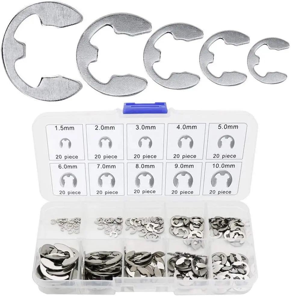 200PCS E Type Circlip Set, 304 Stainless Steel Shaft Retaining Washers, External E Clips 1.5mm to 10mm with Storage Box