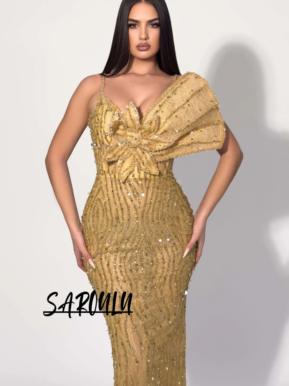 

Gold Stunning Bodycon Evening Dress Shiny Chic 3D Flower Customized Prom Gown Formal Sexy Sleeveless Party Cocktail Wear