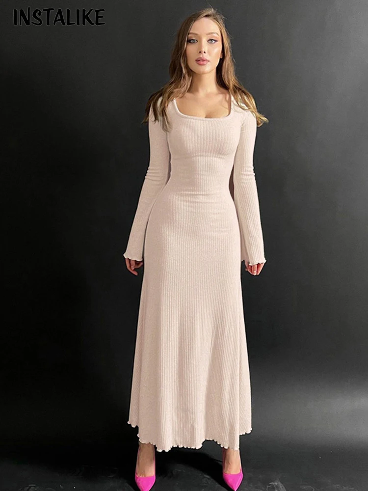 

InstaLike U Neck Chic Knit New Elegant Lady Dress Cheap Casual Korean Style Slim Long Maxi One Piece Dresses For Woman Clothing