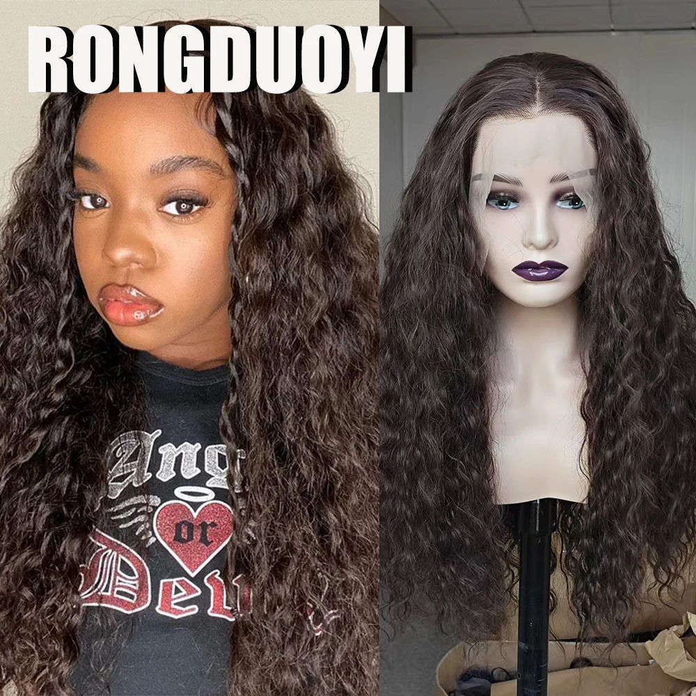 RONGDUOYI Brown Crimped Wig Loose Curly Wave Brown Hair Glueless Synthetic Lace Front Wigs for Women Daily Use Makeup Brown Wigs