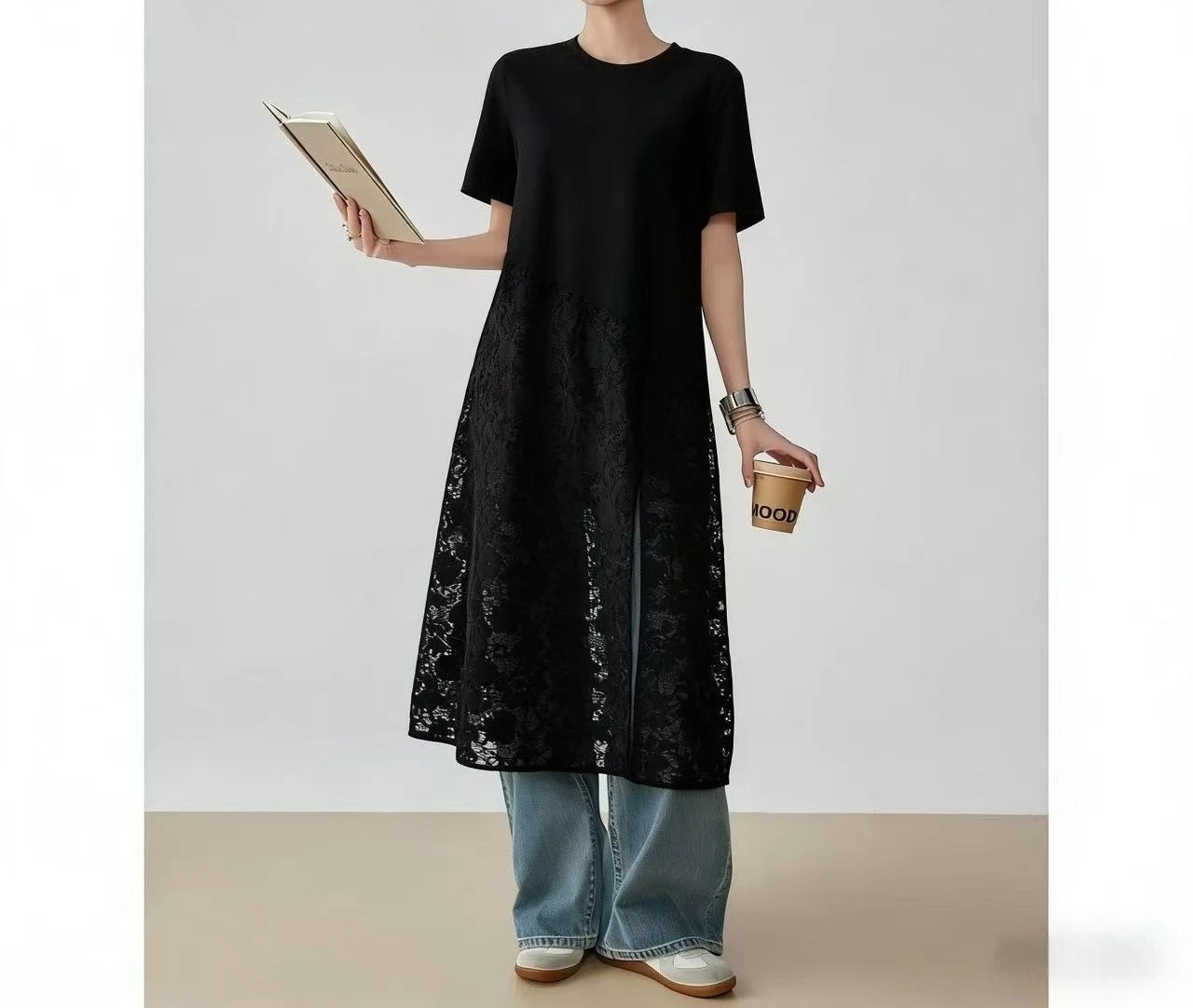 Summer Openwork Lace Patchwork Loose and Slim Long Irregular Short Sleeve T-shirt Dress for Women