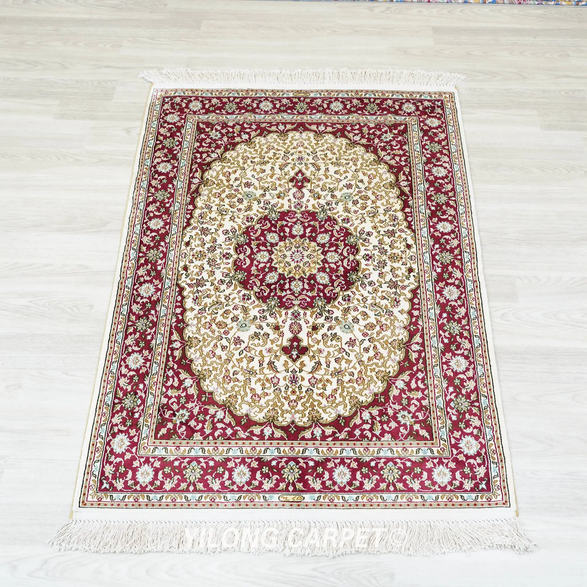 82x122cm Medallion Hand Woven Area Rug Floral Hand Knotted Silk Carpet (HF207B)