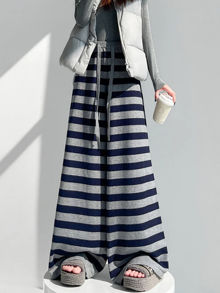 Jmprs Casual Striped Knitted Pant Women High Waist Fashion Sweet Wide Leg Trousers Korean Chic Fall Winter Female Elegant Pants