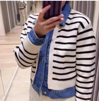 Women Fake Two Pieces Coat Turn Down Collar Single Breasted Casual 2024 New Denim Patchwork Stripes Knitted Tops