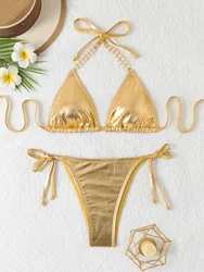 Sexy Triangle Push Up Bikini Metallic Brazilian Swimwear Women Golden Silver Side String Bikini Bathing Suit Beach Wear Biquini