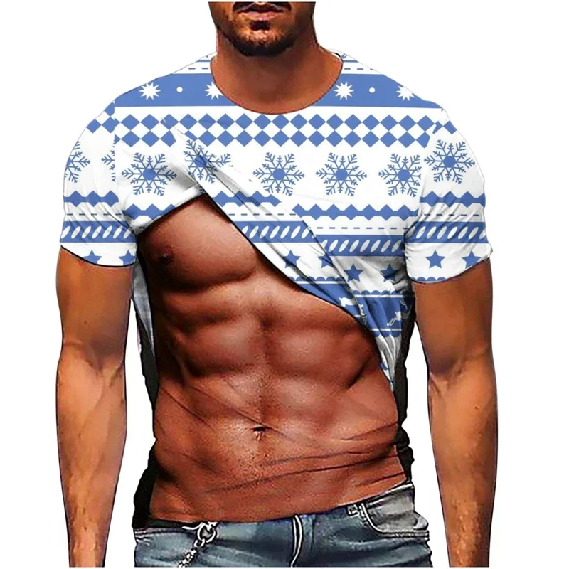 New Men's Christmas Reindeer 3D Print Short Sleeve T-Shirt Funny Fake Muscle Graphic Tee Casual Round Neck Holiday Party Tops