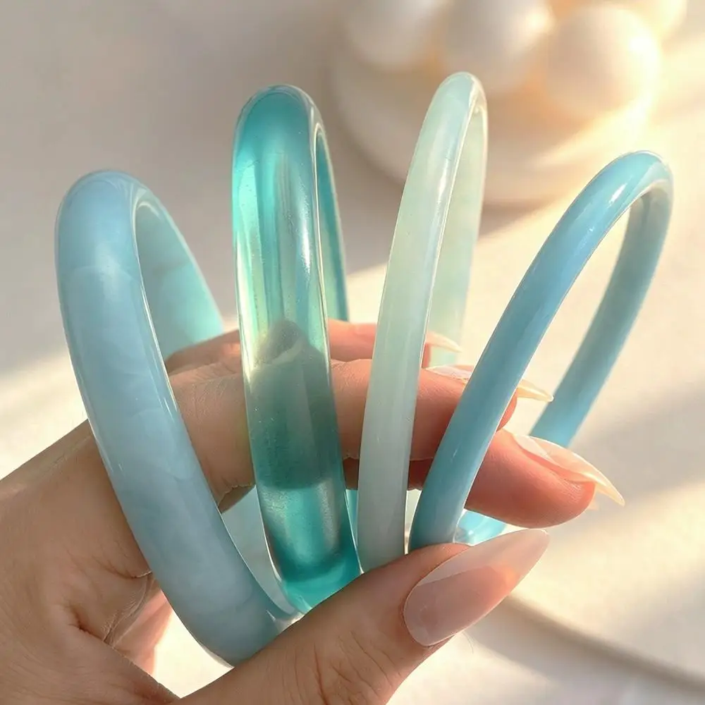 4Pcs Ice Blue Resin Bracelet Set Smooth Bangle Retro Chunky Round Bracelets Stackable Bracelet Jewelry For Women