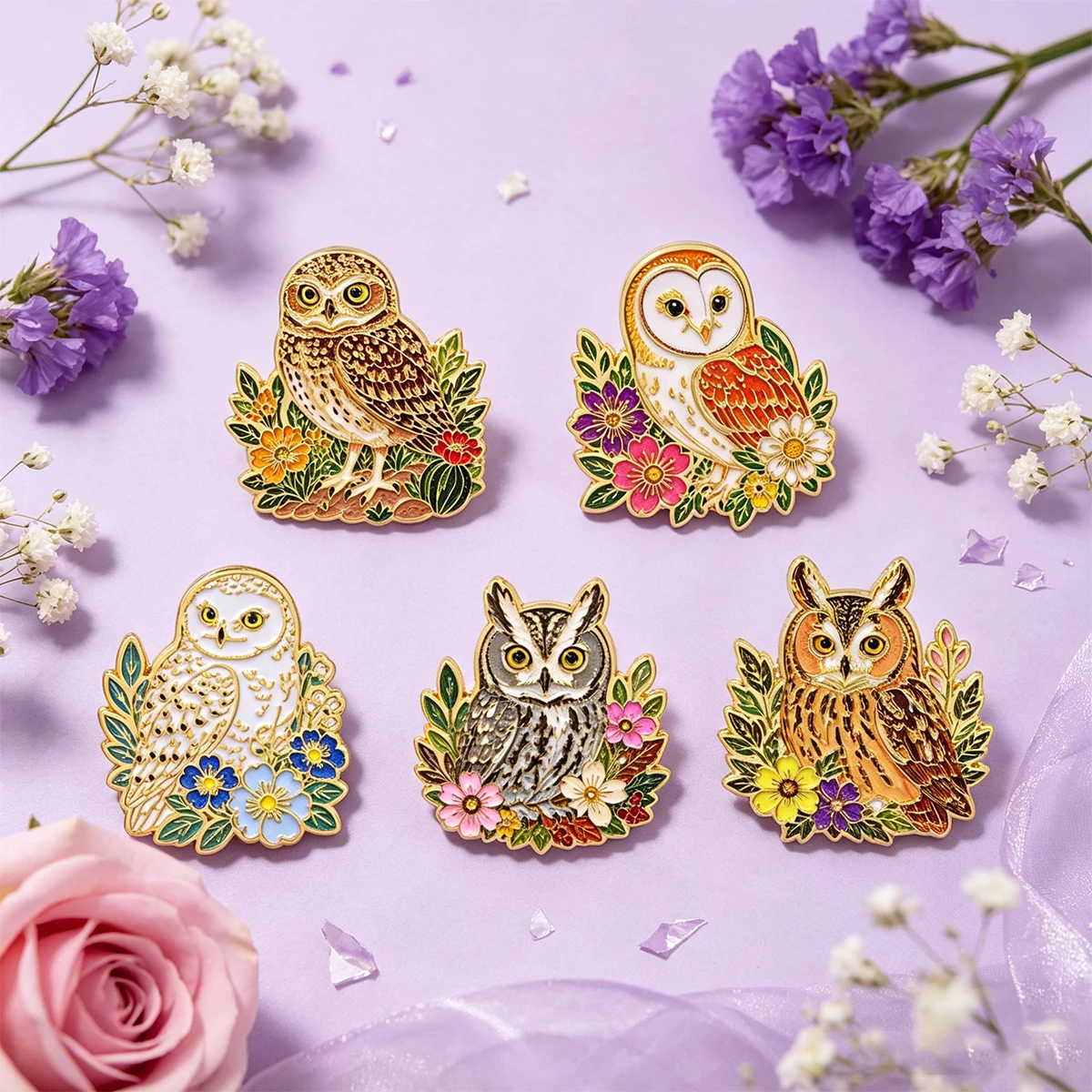 5pcs/Set Cool Floral Owl Enamel Pin Forest Wild Bird Brooch Pines Lapel Pins Badge on Backpack Costume Accessories Jewelry Gifts