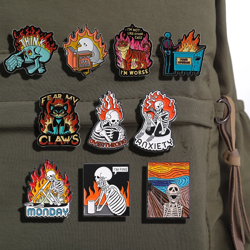 Overthinking Anxiety Enamel Pins Flame Skeleton I'm Fine Brooch Metal Health Lapel Badge Backpack Creative Jewelry for Gift