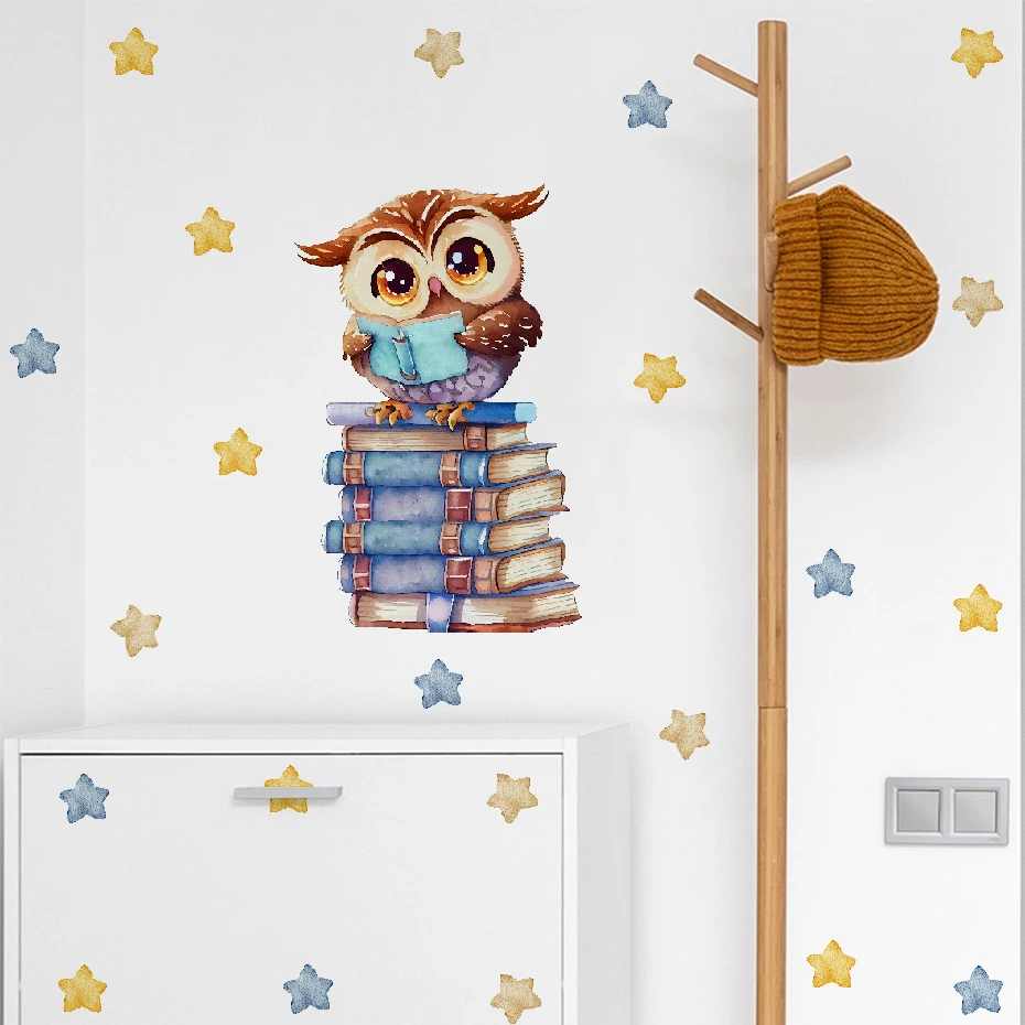 Cute Cartoon Reading Book Owl Wall Sticker Boy Girl Kid Bedroom Study Room Kindergarten Classroom Library Wall Anime Decoration