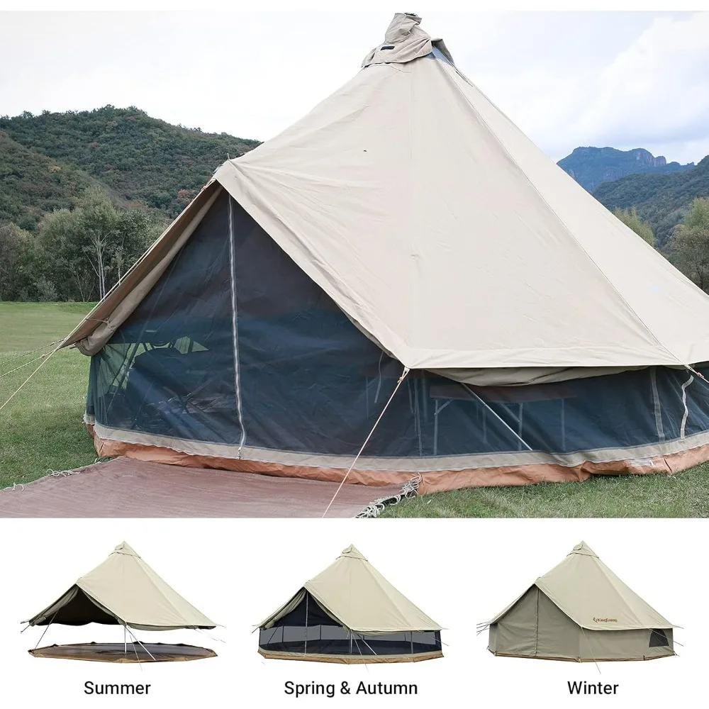 Canvas Bell Tent for Camping, 4 Seasons 13.2ft/16.4ft Camping Yurt Tent, w/Stove Jacks, Luxury Waterproof and Breathable Tents