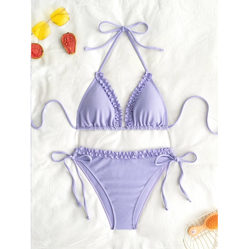 

FASKOB однотонный пояс с треугольной сумкой, купальник-бикини, женский купальник из двух частей, 2023, костюм-бикини, летний пляжный купальник