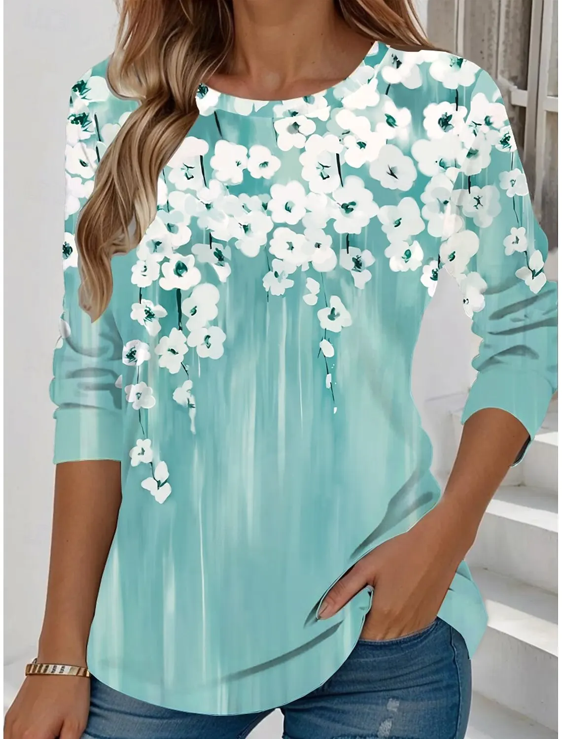 

Summer Fashion Women's Floral Graphic Elegant Crew Neck Long Sleeve T-Shirts Y2K Casual Tops Womens Clothing Harajuku Pullover