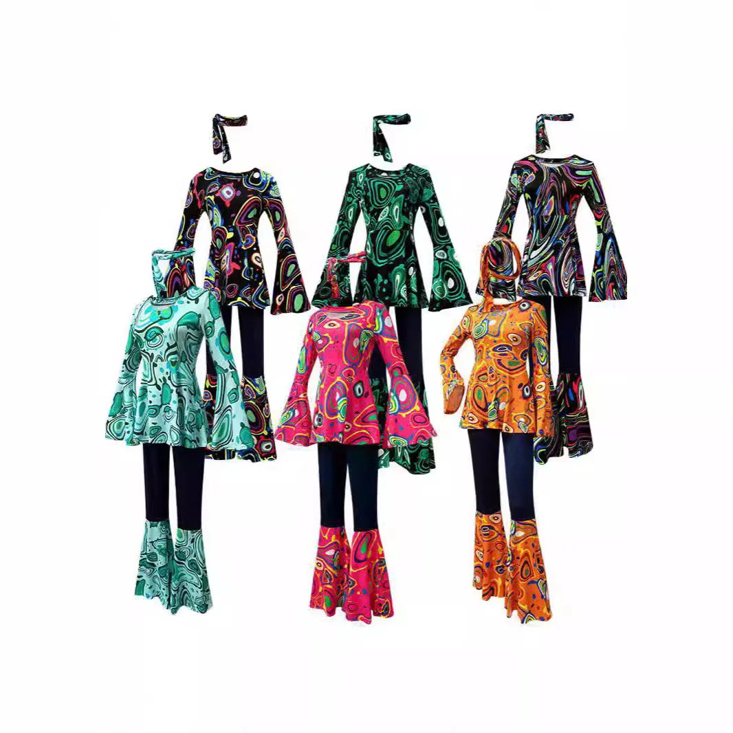 

2024, новый женский комплект одежды для диско-танца с платком, топ и брюки с принтом, цветной дизайн, трансграничная этническая мода