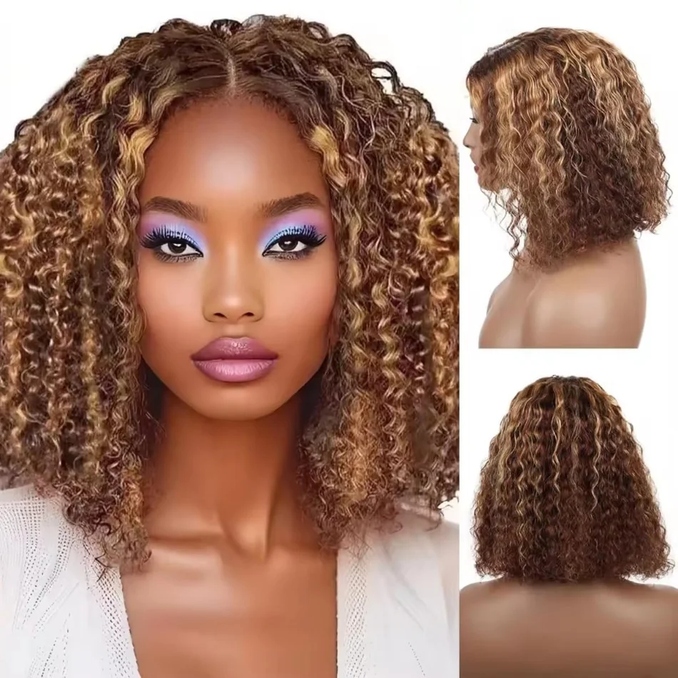 

Wear And Go Glueless Ready To Wear Wig Human Hair Pre Plucked P4/27 Highlight Ombre Honey Blonde Curly Bob With Natural Hairline