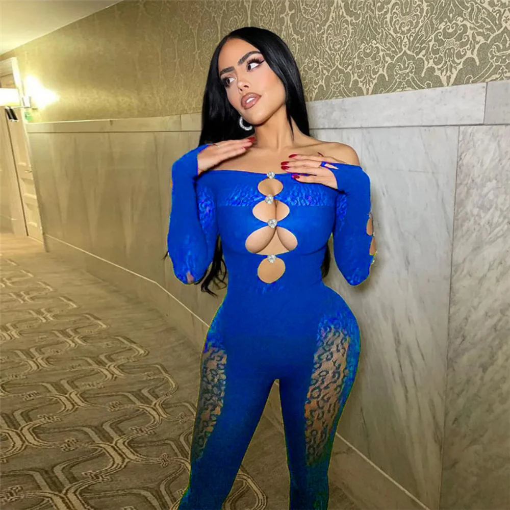 Sexy Off Shoulder Mesh Jumpsuit Women Body Hollow Out Bodysuit Leopard Beading Pants Elegant Night Club Outfits Romper Overalls