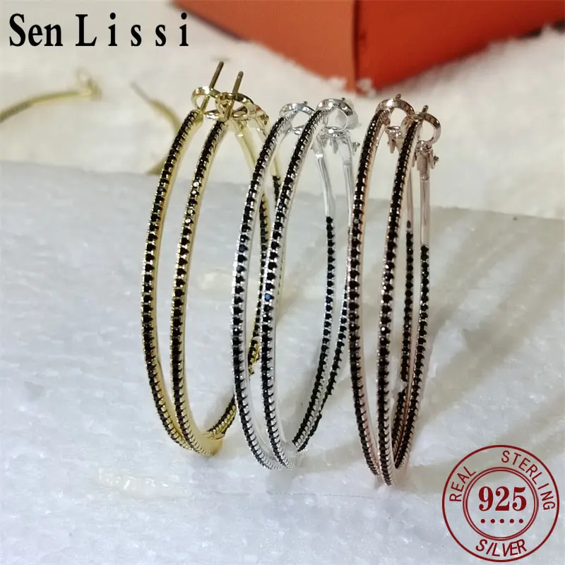 

SENLISSI-18 K Gold Hoop Earrings For Women 925 Sterling Silver Clear Zircon Simple Fine Cерьги Kольц Wedding StatementJewelry