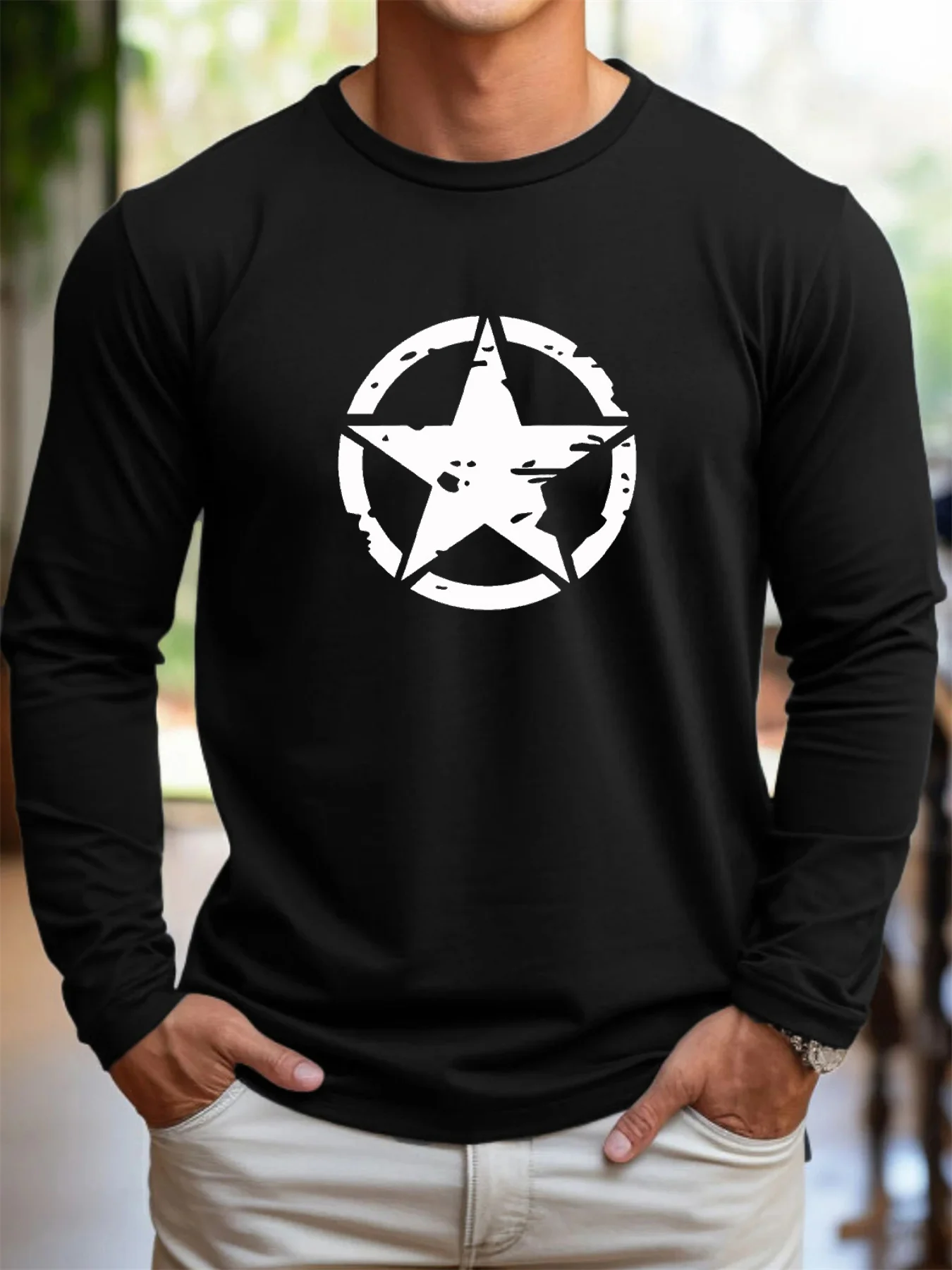 100% pure cotton men's long sleeved round neck loose five pointed star pattern printed spring and autumn versatile T-shirt top