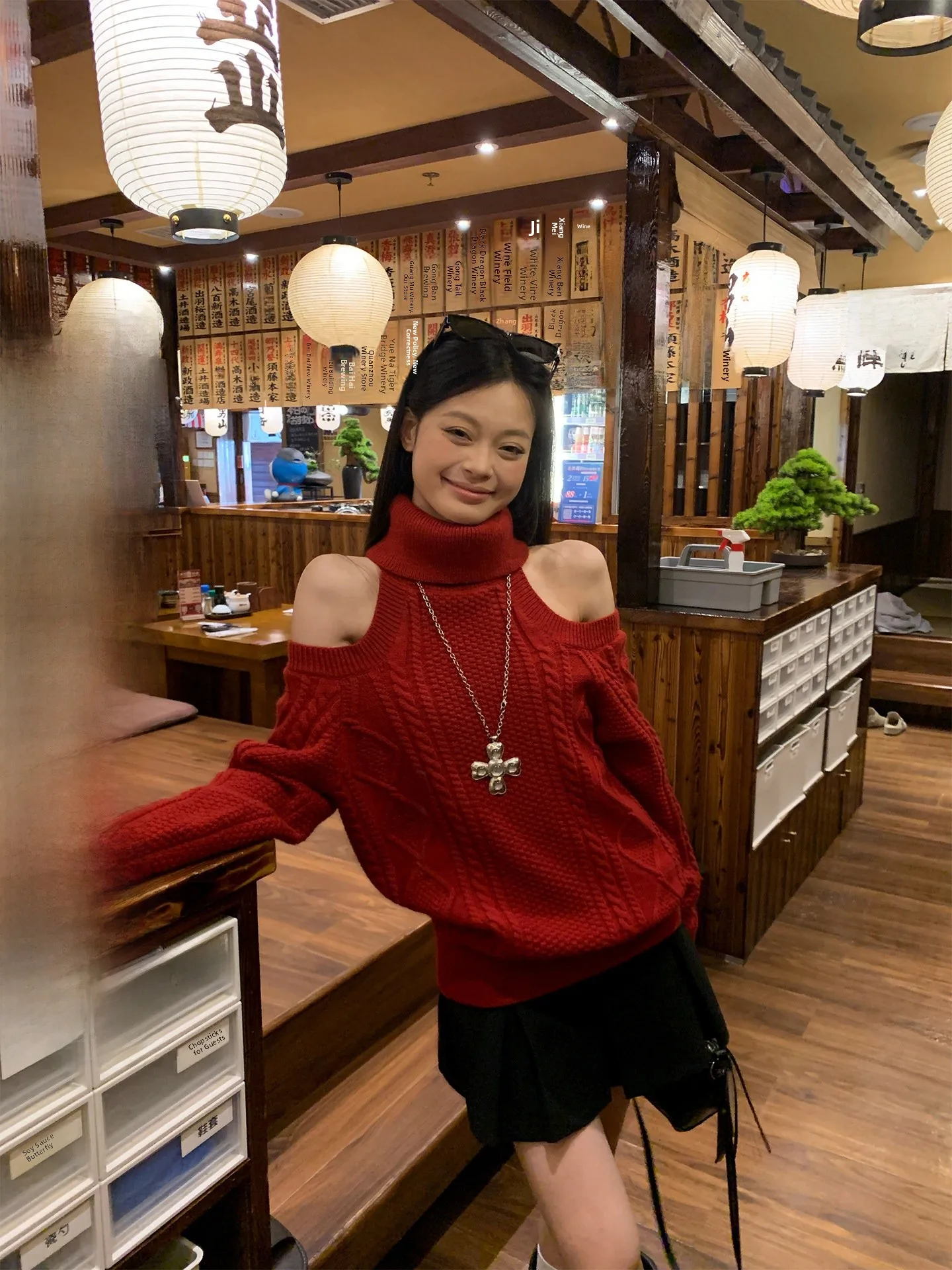 

Red High Collar oulder Bared Sweater Women's Loose Winter Knitted Top for New Year's Casual Wear Comfortable Soft Fabric
