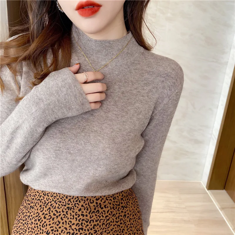 2025 Half High Neck Slim Fit Women's Sweater Autumn/winter Fashion Solid Color Pullover Casual Long Sleeve Knitted Primershirt