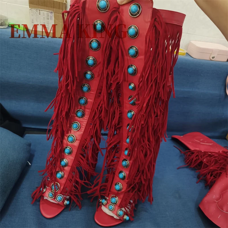 فو الجلود هامش حذاء برقبة للركبة المرأة المفتوحة تو الأحجار الكريمة ديكور خنجر كعب الظهر البريدي الصيف ملهى ليلي عالية الكعب 44 #2