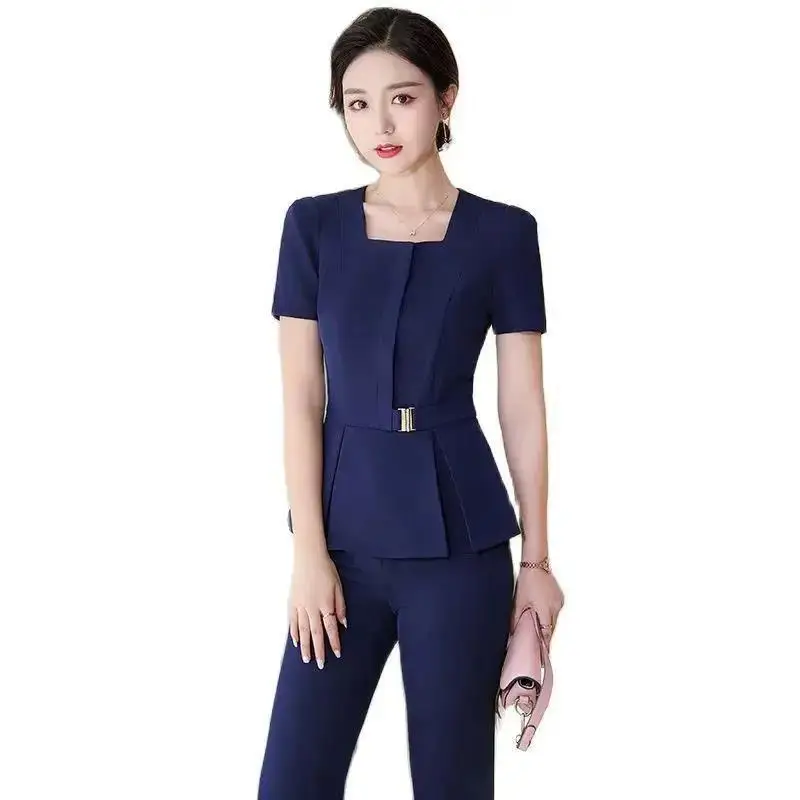 Estate manica corta elegante blu formale professionale donna abiti da lavoro OL stili signore ufficio pantaloni blazer pantaloni Set