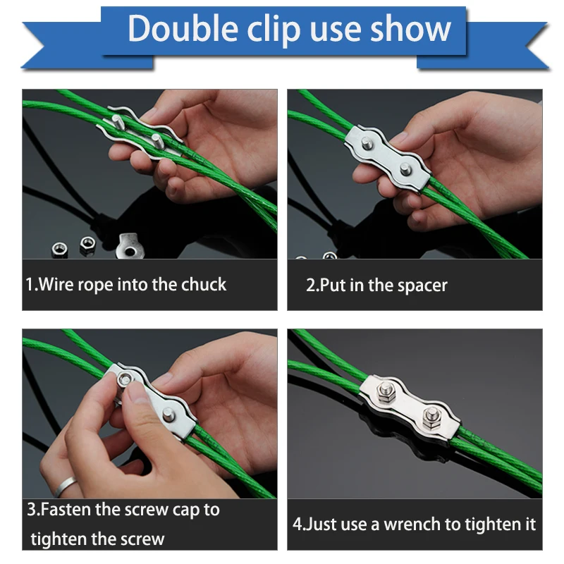 M2-M10 304 Stainless Steel Wire Rope Clips Single Double Grips Fixed Joint Screw Fastener Cable Collet Lifting Hardware Fittings