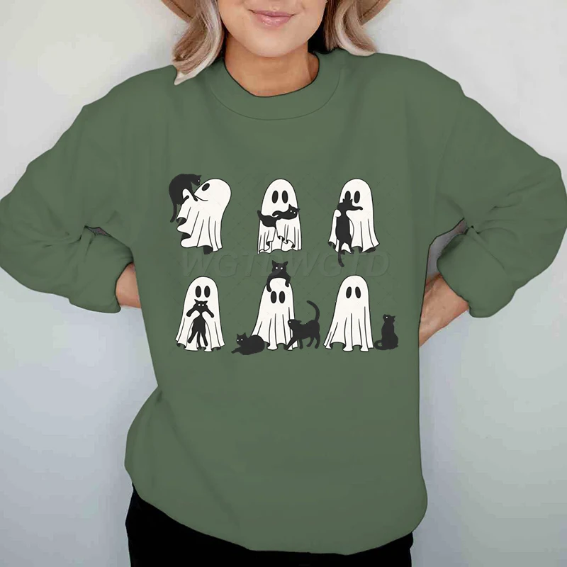 Sweat-shirt d'halloween pour femmes, drôle, chats fantôme, hiver, automne, décontracté, col rond, manches longues, pulls