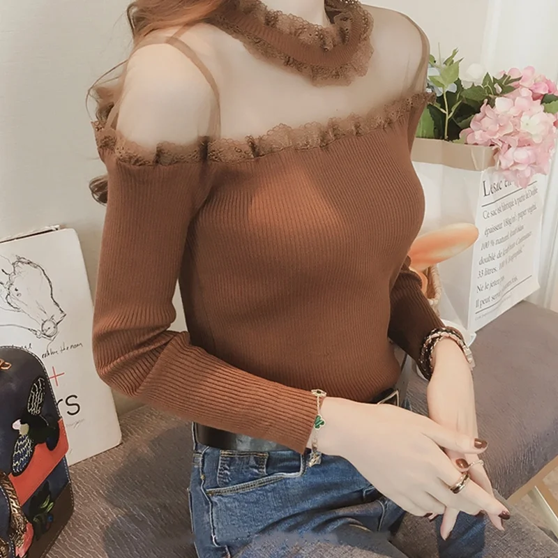 Sexy Patchwork Net Yarn T Shirt Tops Spring New Long Sleeve Solid Lace Pleated Bottoming Shirt Fashion Elegant Women Clothing