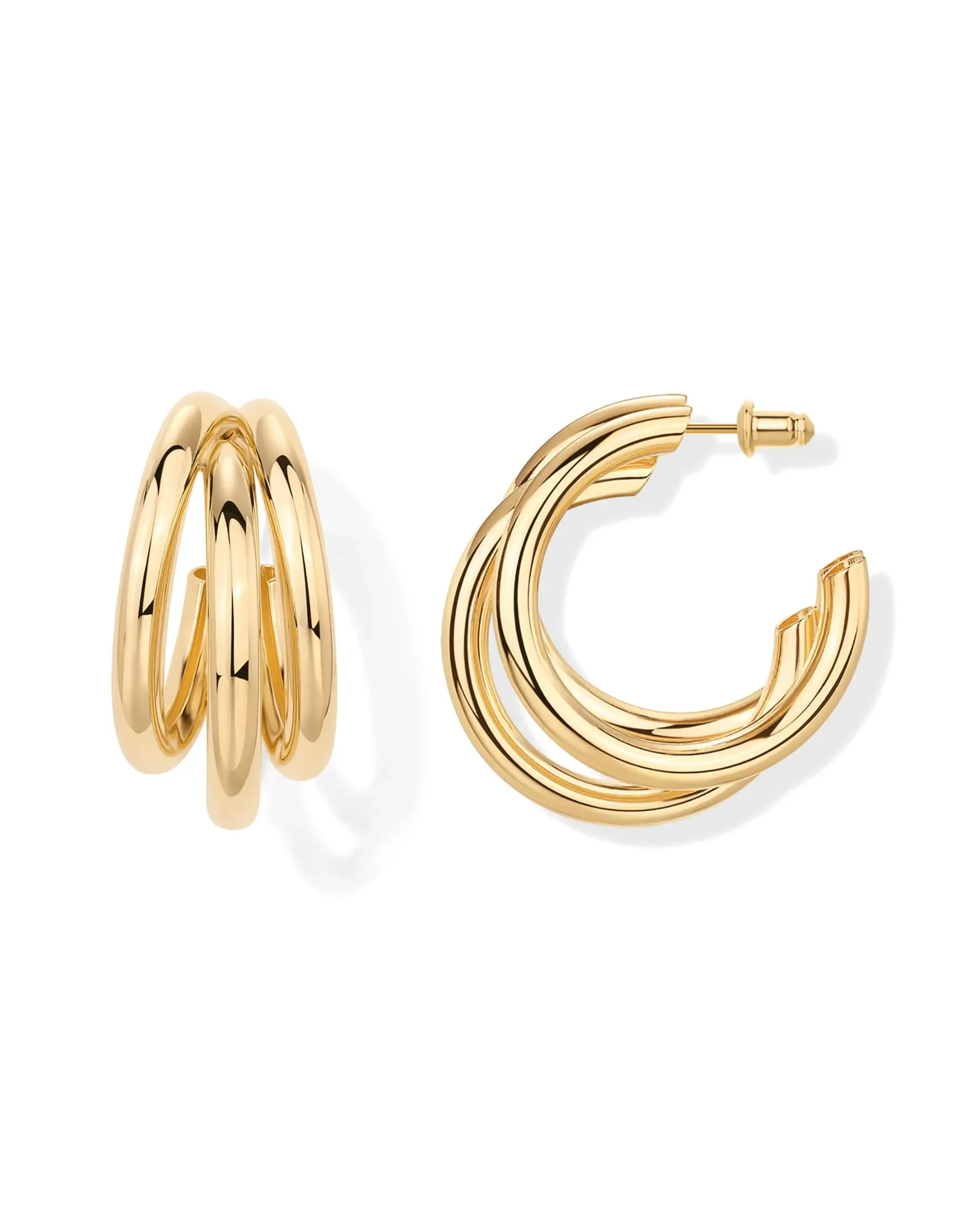 Women 14K Gold Plated Chunky Multi Hoop Earrings Lady Hypoallergenic Trendy Triple Split Loop Huggie Earrings Popular Jewelry