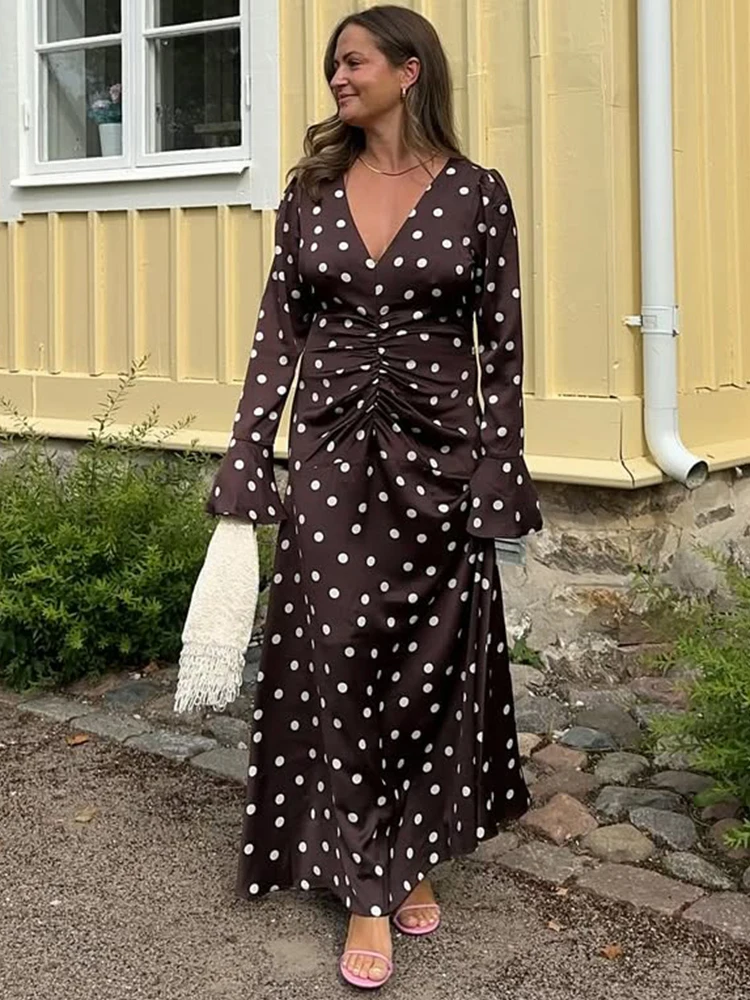 Trendix Brown Dot Print Maxi Dresses Femme Vintage Slim Pleated Long Sleeve Dress Autumn New Party Sexy V Neck Long Dress 2025