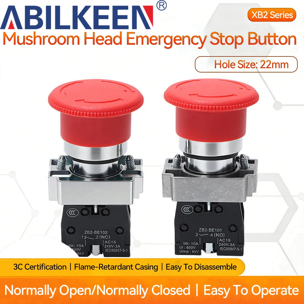 Emergency Stop Button Switch XB2-BS542C Head Diameter 40/60mm 10A Rotary Self Locking Mushroom Head Metal Push Button Switch