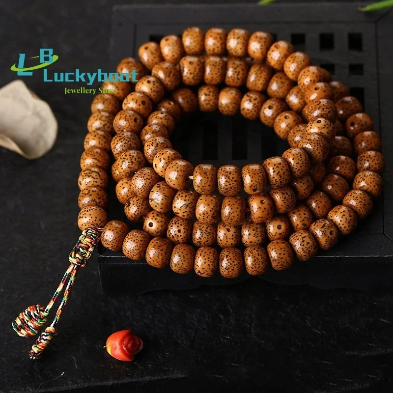 Mala de oración tibetana 108, pulsera de cuentas de semilla Bodhi de luna y estrella amarilla desgastada Natural de 10mm o collar de meditación de Yoga, envío directo