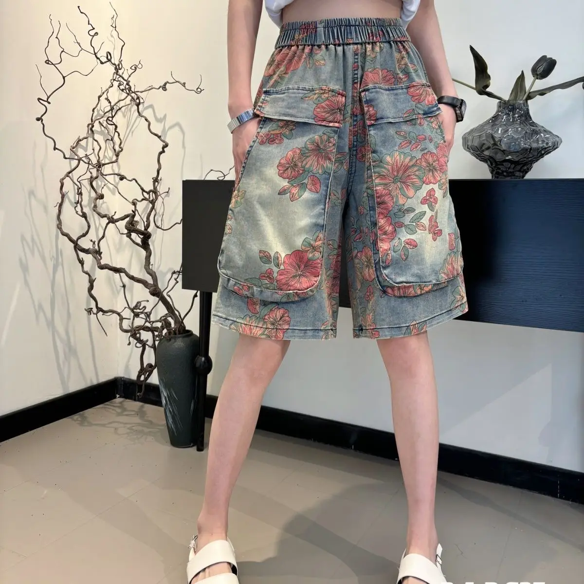 Women Summer Loose Foreign /Western Style Printing High Waist Jeans Women Clothes All-Match Chinese Style Appear Thin Shorts