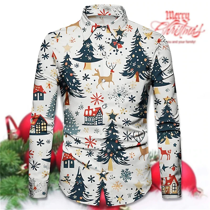Men’s Christmas-Themed Long-Sleeve Button-Down Shirt Festive Print Loose Casual Fit Perfect for Holiday Parties and Streetwear