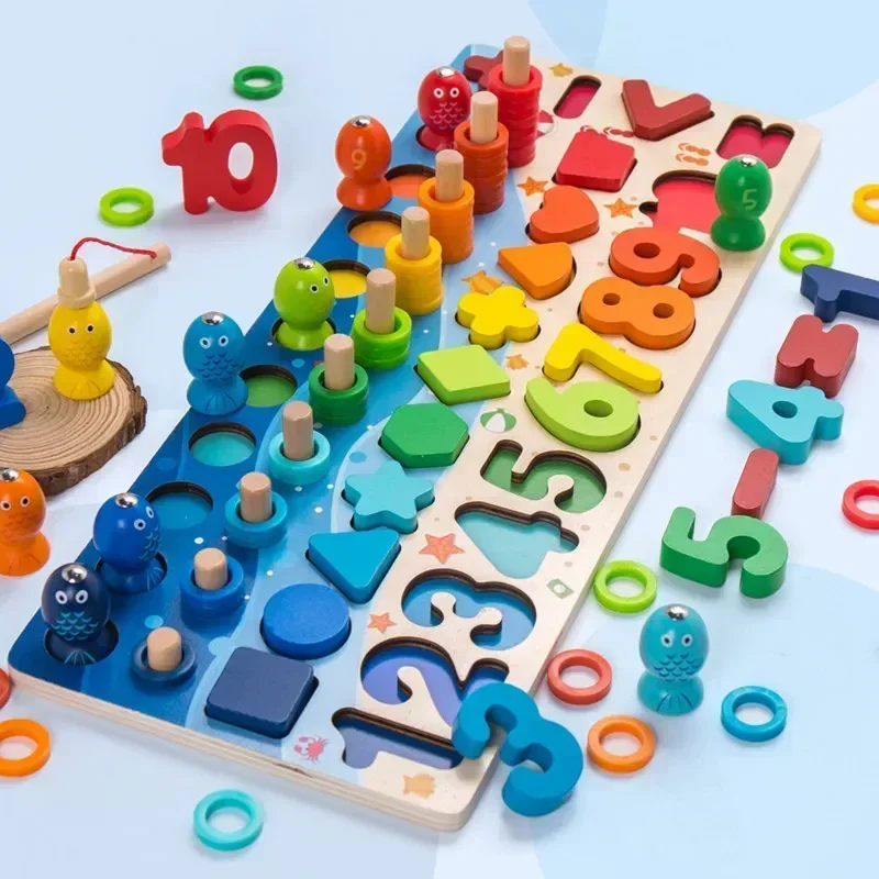 Juguetes educativos de matemáticas de madera Montessori para niños en edad preescolar, tablero ocupado, forma de conteo, colores, rompecabezas de pesca, juguetes de aprendizaje, regalo