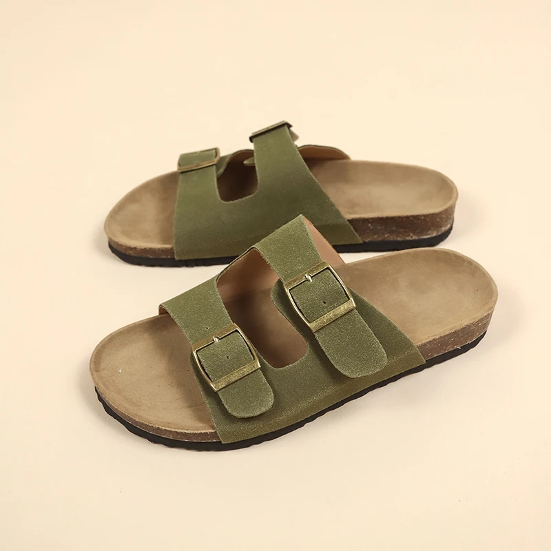 

2024 New Summer Women's Cork Slippers Casual Beach Double Buckle Non-slip Outside Nubuck Leather Slip on Slides Shoe for Women