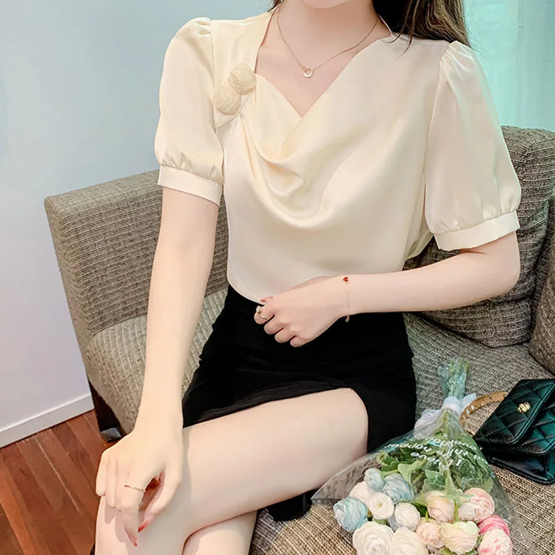 

Elegant Fashion Women's Solid Spliced Blouse Summer Female Clothing Korean All-match Folds Square Collar Short Sleeve Shirt