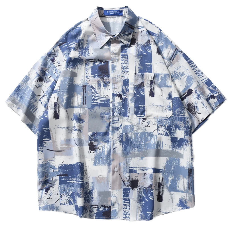 

Men's Shirts Single Breasted Summer Graffiti Full Print Short Sleeved Shirt Women Street Loose Casual Turndown Collar Tops